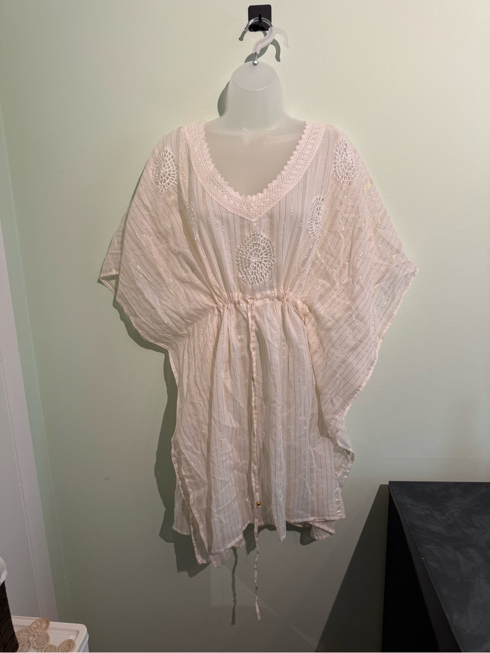 Boho Cream Embroidered V-Neck Tunic with Metallic beach cover one size